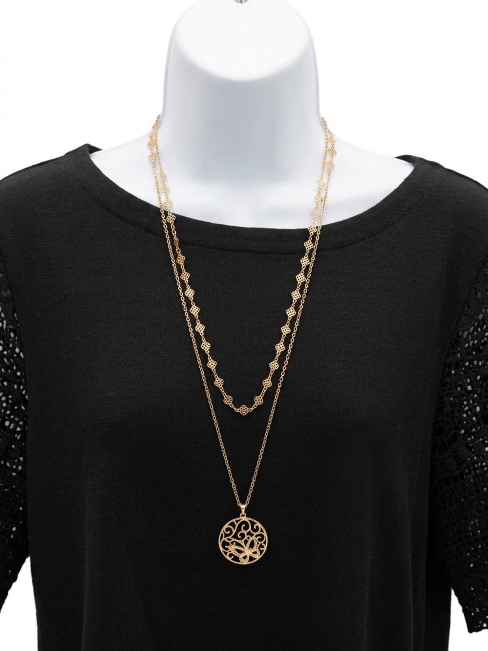 Vintage Style Gold Tone Layered Filigree Butterfly Pendant Necklace